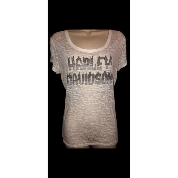 Harley-Davidson Tops - White sheer burnwash studded bling logo Harley Davidson shirt‎ sz Large